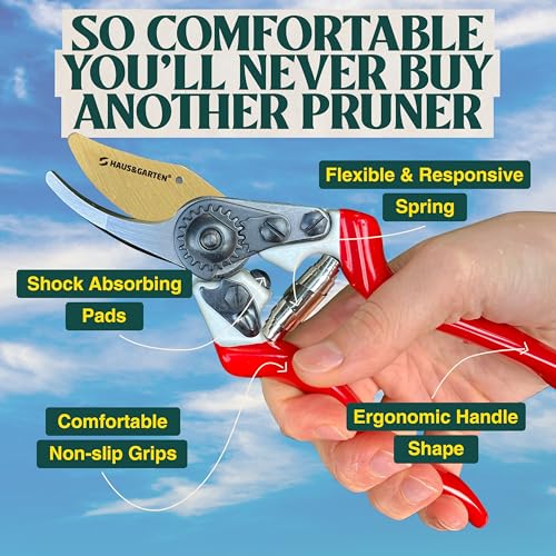 Haus & Garten PrecisionPRO 8" Titanium Pruning Shears - Heavy Duty Professional Bypass Pruner - Use As Rose Clippers, Premium Gardening Secateurs, Garden Scissors, Handheld Yard, Tree, & Plant Tool - style: PrecisionPRO