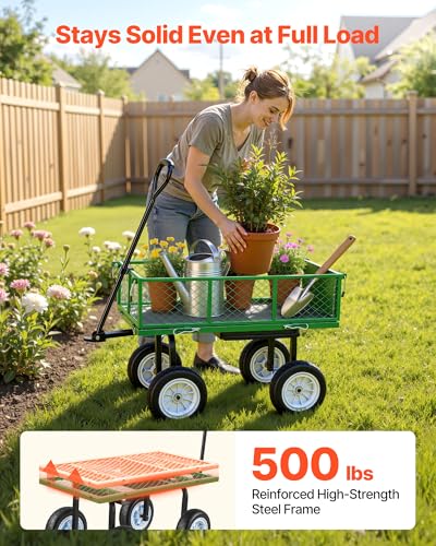 VEVOR 500 LBS Steel Garden Cart with Work Seat, Heavy Duty Garden Wagon Cart on Wheels, Outdoor Metal Utility Yard Wagon Gardening Stool with 10inch Flat Free Tires & Adjustable Handle, Green - color: Green