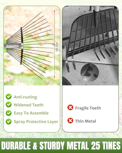 63.4 Inch Adjustable 18 Tines Metal Leaf Rake Set with 40 Gal Dustpan Bags - style: Green Rake Set