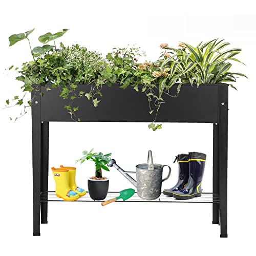 Piksedo Raised Garden Bed, Elevated Planter Metal Plant Box with Legs Standing Garden Stand Drainage Holes Frosted Black - size: 39.37" L x 10.63" W x 31.5" H