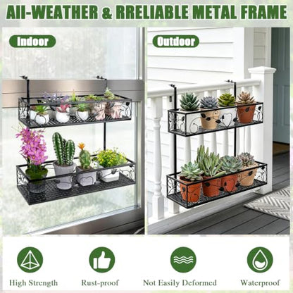 2-Tier Hanging Railing Flower Pot Holder with Adjustable Hooks