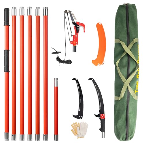 VINGLI 24ft Manual Pole Saws, Extendable Tree Trimmers Long Handle Pruner, Sharp Steel Blade and Scissors, Long Tree Pruner with Lightweight 7 Fiberglass Handles for Pruning Palms and Shrubs - color: Orange, size: 24ft