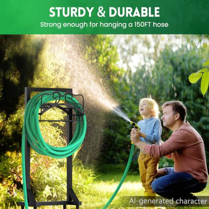 Garden Hose Holder, Heavy Duty Metal Water Hose Holder with 4 Spikes Outdoor Freestanding Hose Hanger Detachable Sturdy Hose Stand Holds 150-feet Hose, Garden Hose Storage Rack for Outside Yard Lawn