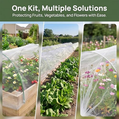 Garden Netting Kit for Raised Beds, 10x30FT Ultra Fine Mesh Netting & 5 Sets Garden Hoops with 18 Clips, Greenhouse Row Cover Net for Vegetable Fruits Flowers Barrier