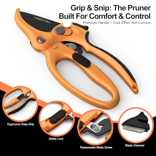 8" Handheld Pruning Shears - Heavy-Duty Stainless Steel Garden Scissors - color: Black/Orange