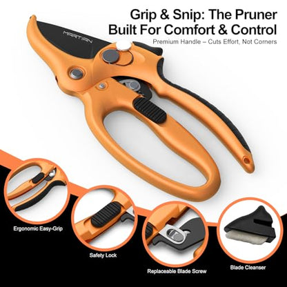 8" Handheld Pruning Shears - Heavy-Duty Stainless Steel Garden Scissors - color: Black/Orange