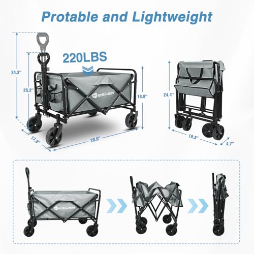Yesker Foldable Wagon - 220lbs Collapsible Garden Carts with All Terrain Wheels for Outdoor Camping Sports Shopping Gardening - Heavy Duty Portable Utility Trolley (Gray) - color: Gray, size: 27*18*17"