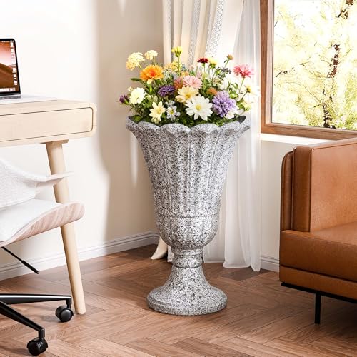 Tall Plastic Urn Planters and Pedestal - 24" Outdoor Planter Grey - color: Heather Gray-petal