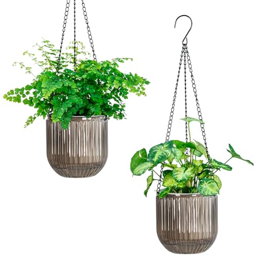 Melphoe 2 Pack Self Watering Hanging Planters Indoor Flower Pots, 5.3 Inch Outdoor Hanging Basket, Plant Hanger with 3Hooks Drainage Holes for Garden Home (Gray) - color: Gray, size: 5.3''+5.3''