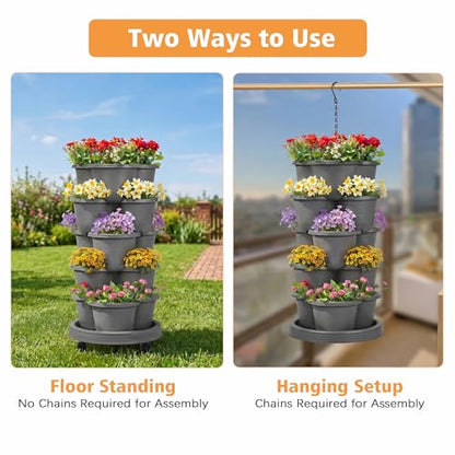 VECELO 5 Tier Vertical Garden Planter, Self Watering Stackable Planters with Wheels for Strawberries, Herbs, Flowers, Vegetables, Dark Gray - color: Dark Gray, size: 5 Tier