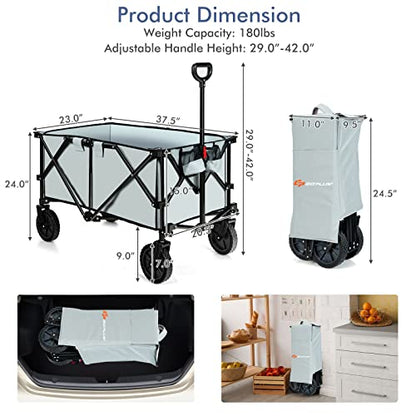 Goplus Collapsible Wagon, Folding Utility Wagon Cart w/Universal Wheels & Adjustable Handle & Cover Bag, Grocery Wagon for Garden Shopping Camping (Grey) - color: Gray