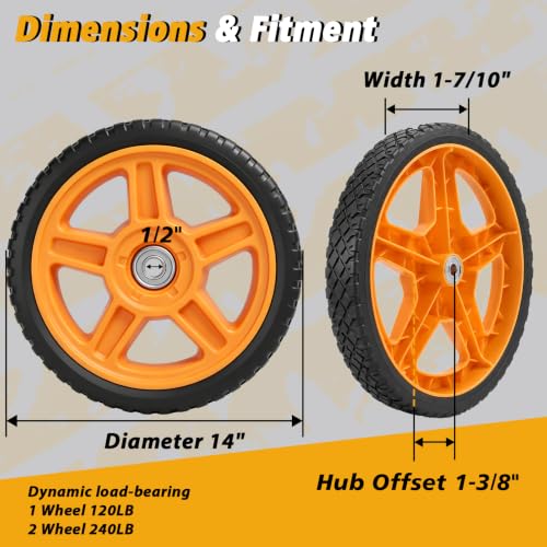 Lawn Mower Wheels, 14 inch Push Mower Plastic Wheels with Bolts & Nuts Fits Most Standard Lawn Mower Cart, Garden Carts, Air Compressor and More, 2 Pack - size: 14 Inch