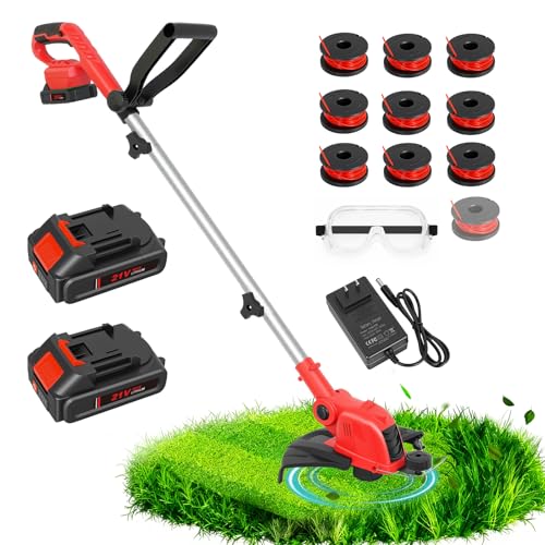 21V Electric Weed Wacker & Edger Lawn Tool Auto-Feed with 2.0Ah X 2 Battery - color: Bright Red
