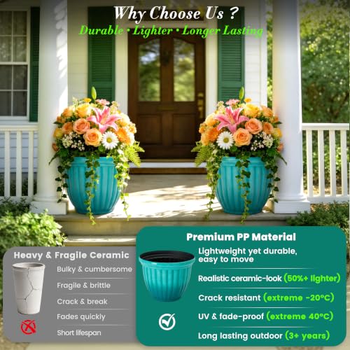 Autodaya 15" Large Planters For Outdoor Plants Set Of 2 Plastic Flower Pots - color: 15"-gradient Teal Green