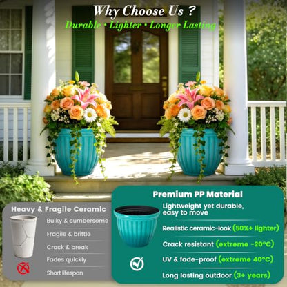 Autodaya 15" Large Planters For Outdoor Plants Set Of 2 Plastic Flower Pots - color: 15"-gradient Teal Green