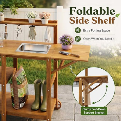 YEFU Potting Bench with Sink, All-Weather Resistant,Teak - color: Teak, size: Premium