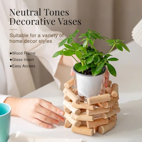 Farmhouse Solid Wood Openwork Vase - with 3.5 Inch Borosilicate Glass Liner, Indoor Tabletop Decor, Versatile Floral Container for Fresh & Dried Flowers, Hydroponics and Mini Potted Plants