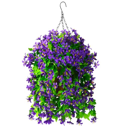 INQCMY Fake Hanging Flowers with Basket Artificial Violet for Outdoor Porch - color: Purple