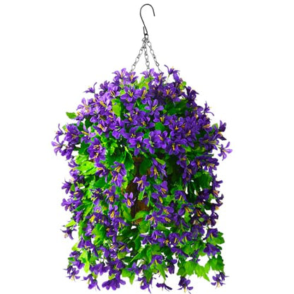 INQCMY Fake Hanging Flowers with Basket Artificial Violet for Outdoor Porch - color: Purple