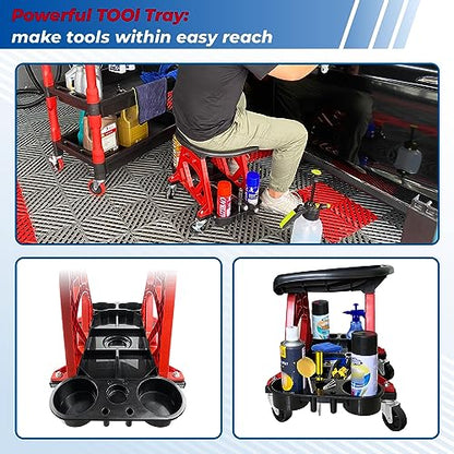 HOXWELL Durable Mechanic Seat with Wheels - Heavy Duty Rolling Stool Car Detailing Creeper Seat with Tool Tray for Workshop, Auto Repair Shop and Home