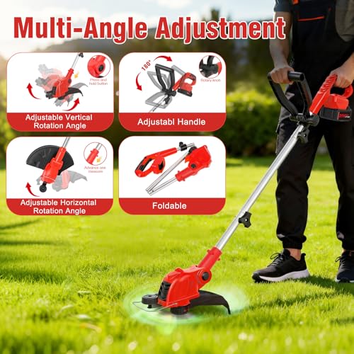 21V Electric Weed Wacker & Edger Lawn Tool Auto-Feed with 2.0Ah X 2 Battery - color: Bright Red