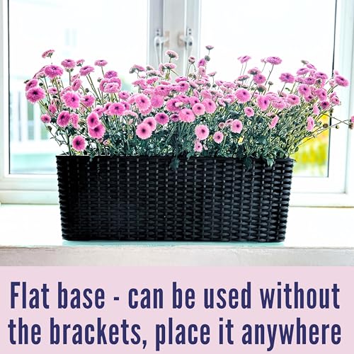 LaLaGreen Outdoor Rail Planter for Balcony (20 Inch, 2 Pack) Large Black Self Watering Deck Railings Planters with Brackets, Rectangular Plastic Fence Flower Box Designer Choice with Rattan Pattern - color: Black X 2