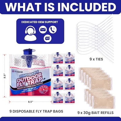 Fly Traps Outdoor Fly Trap for Patio. 9 Non-Toxic Pre-Baited Flies Bags Outdoor Disposable. Hanging Bug Catchers for All Filth Flies Killer for Outside Bug Control in Yard Horse Ranch Trash Can. - size: 9pk