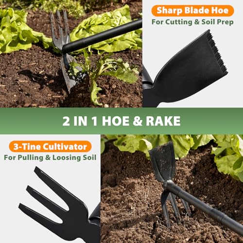 Weed Puller Tool with 45.5" Long Handle, 2 in 1 Small Garden Weeding Hoe & Rake, Handheld Stand Up Hoe Garden Tool for Lawn, Garden, Yard, Flower Bed, Patio & Small Farm