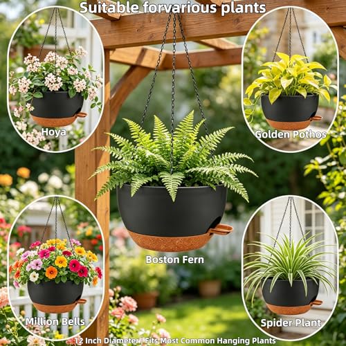 12" Self Watering Hanging Planters with Chains, Black Brown，2 Pack - color: Black Brown, size: 2 pack 12 inches