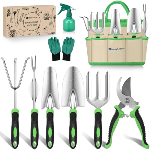 Yesker Gardening Tools 9-Piece Heavy Duty Garden Tool Set Gardening Supplies Gifts for Women Men Gardening Hand Tool Kit with Non-Slip Ergonomic Handle, Garden Bag, Durable Gloves and Shears, Green - size: 9PCS Black Green