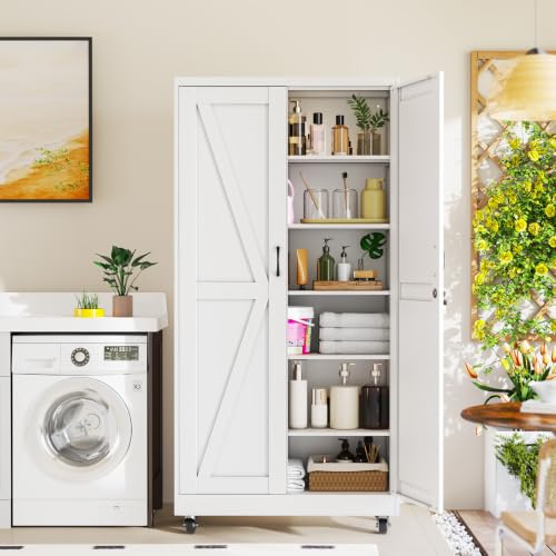 erosoe 74" H Metal Garage Storage Cabinet, Rolling Tool Cabinet with 2 Doors and Wheels, Locker Steel Cabinet with 5 Adjustable Shelves, Organization Cabinet for Garage,Office,Home,Gym,School-White - color: White, size: 74" CasLck-M