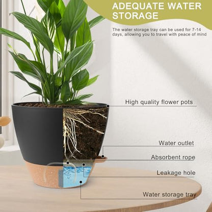 Self Watering Pots for Indoor Plants 12/10/9/8 Inch Plastic with Reservoir - color: Black