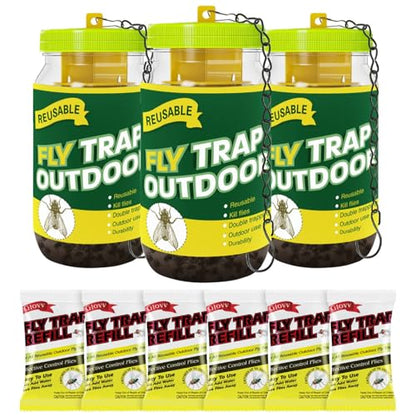 3 Reusable Fly Traps Outdoor Bottles, Fly Killer Catcher Jar with 6 Bait - size: 3 pack2