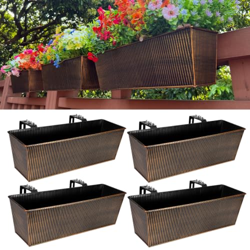 Metal Railing Planter, 16 Inch Rectangular Window Box with Adjustable Brackets, Drainage Holes, for Balcony Deck, 4 Pack (Retro, Rectangular) - color: Retro