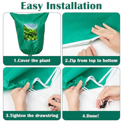 Plant Covers Freeze Protection - 4 Pack Winter Frost Tree Plant Shrub Cloth with Zipper Drawstring Transparent Pane, Frosts Blanket Wrap Bags for Outdoor Cold Weather (Green, 47''×31'')