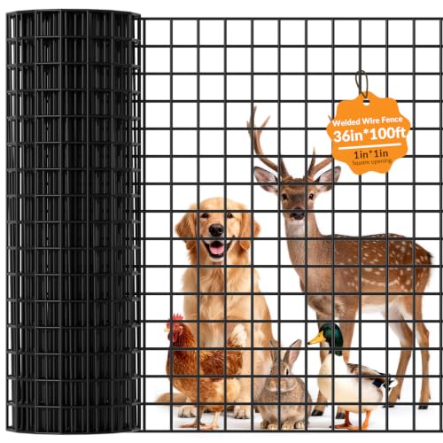 Welded Wire Fencing 1 ‘’x 1‘’ 36in x 100ft，Vinyl Coated Welded Wire Mesh Roll,16GA Black PVC Coated Welded Wire Fence,Hardware Cloth for Yard Vegetable Protection Goat & Poultry Netting - size: 36inchx100ft