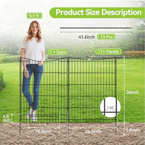 INJOPEXI Decorative Garden Fence 12 Panels 26ft(L)×36in(H) Metal Garden Fences with 11 Panels + 1 Gate, Animal Barrier Rabbit Fence Rustproof Wire Temporary Dog Fencing Outdoor for Backyard Lawn - size: 12 Panels 26ft(L)-36"(H) - With Gate