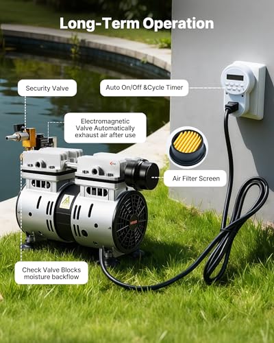 VEVOR Pond Aerators, 5.2CFM Aeration System for Lakes up to 3 Acres, 3/4 HP Air Compressor, 1 Diffuser & 100' Weighted Tubing, Outdoor Pond Aeration Pump for Deep Water Oxygen Circulation - size: 5.2CFM+1 diffuser