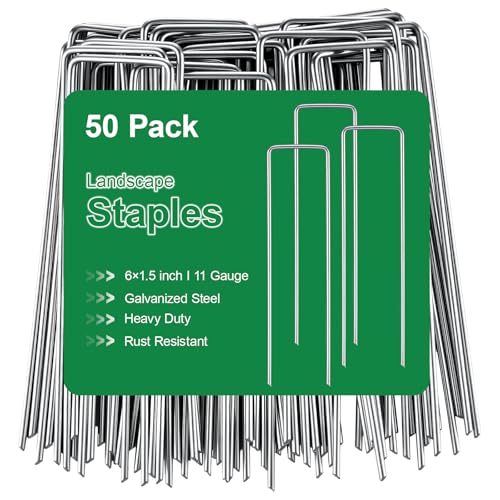 50 Pack Landscape Staples Galvanized - 6 Inch 11 Gauge Plant Cover Stakes for Securing Weed Barrier Fabric, Lawn Staples Tent Stakes Garden Stakes Fence Stakes Landscaping Fabric Ground Stakes - color: Silver