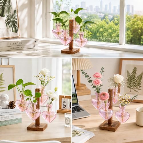 Nacome Plant Terrarium Propagation Stations: Pink Vase with Wooden Stand - color: Pink