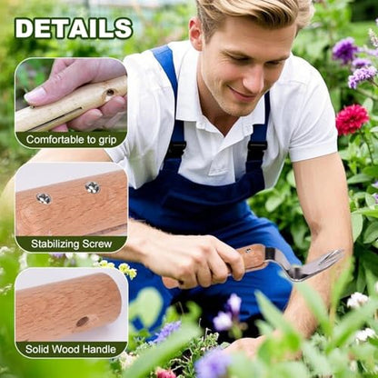 Garden Hand Weeder Tool with Wooden Handle, Manual Weed Puller with Leverage Base for Labor-Saving Removal, Stainless Steel Deep Root Lifter for Dandelions & Thistles