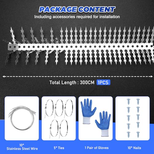 Bird Spikes, Squirrels Spike, Raccoon Snake Deterrent, Squirrel Spikes, Stainless Steel Squirrel baffles for Bird feeders, Anti Climb Spikes for Birdhouse to Keep Mouse Raccoo Away, 10FT