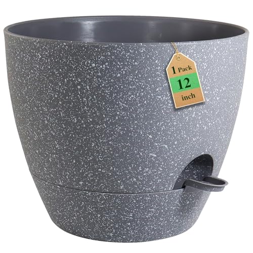 WSMKSZ 12 inch Large Self Watering Pots, Planter, Plant Pots with Mesh Drainage Holes for Indoor Outdoor House Plants and Garden, Plastic Flower Pots with Deep Reservoir, Speckled Grey - color: Speckled Grey, size: 12inch 1pcs
