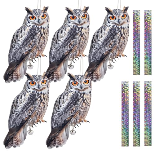 5PCS Garden Owl to Keep Pigeons Away from Porch Flat Paper Fake Owl to Scare Pigeon Away from Balcony Hanging Plastic Owl Woodpecker Scare Devices with Reflective Tape for Outdoor Patio Roof Yard - color: Grey 5pcs