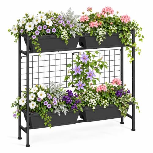 OYEAL Raised Garden Beds Outdoor with Legs 32" Tall Herb Garden Planters Box Raised Flower Beds for Gardening, Vertical Privacy Planter with Trellis for Patio, Porch, Backyard, Balcony, Grey - color: Gray
