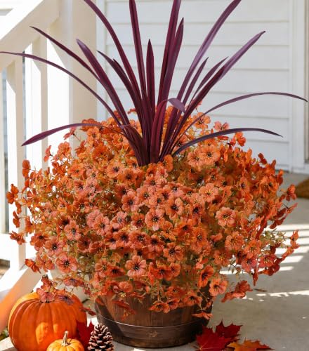 Fall Flowers Artificial Mums for Outdoors Autumn Decor, 12 Bundles Orange Fake Fall Mums with 1 pcs Burgundy Orchid Leaf UV Resistant Look Real Faux Flowers for Outside Planter Home Porch Patio Yard - color: Fall Orange