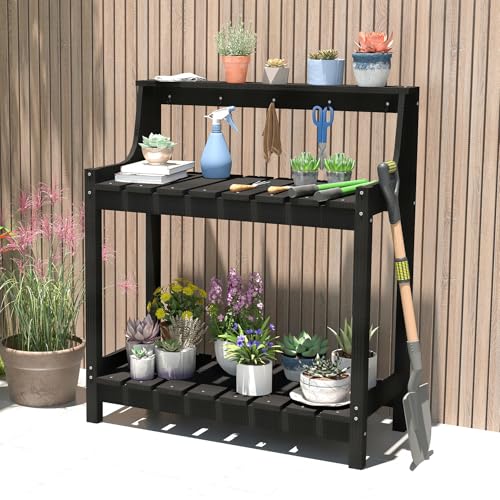 Domi 3-Tier Potting Benches for Outside, HDPE Outdoor Potting Table, Black - color: Black