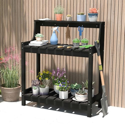Domi 3-Tier Potting Benches for Outside, HDPE Outdoor Potting Table, Black - color: Black