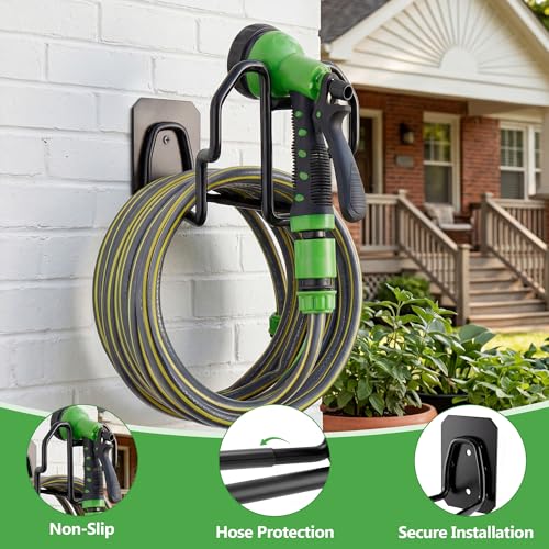 Wall Mount Hose Holder w/Nozzle Slot, Rust Resistant,Glossy Black - color: Glossy Black