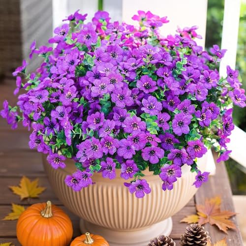 HyeFlora Artificial Flowers for Outdoor Indoor Garden Home Decoration, Faux Flower Daisy with Eucalyptus Leaves Fake Plants Greenery Boxwood Porch Patio, 12 Bundles (Purple) - color: Purple